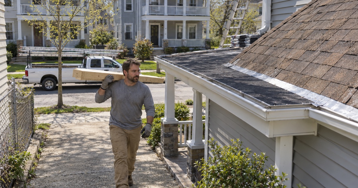 A roofer carrying a toe board plank up the side driveway of a Clifton two-family at the start of a re-roof, the work pickup at the curb.