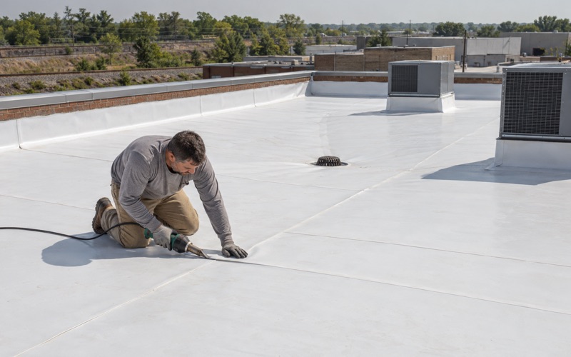 A seam in a new white TPO membrane being heat-welded on the flat roof of a brick industrial building in Clifton.