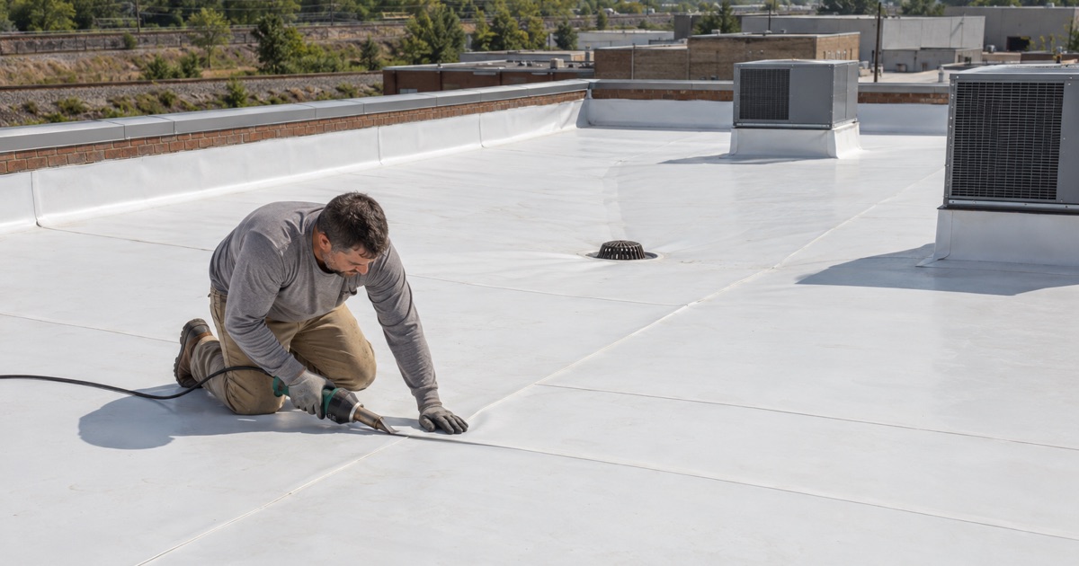 A seam in a new white TPO membrane being heat-welded on the flat roof of a brick industrial building in Clifton.