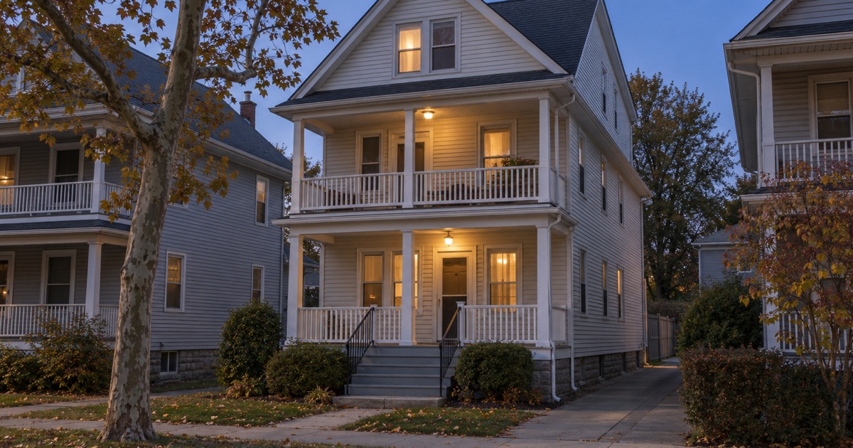A finished new charcoal shingle roof on a Clifton two-family at dusk, the porch lights on and the street quiet.