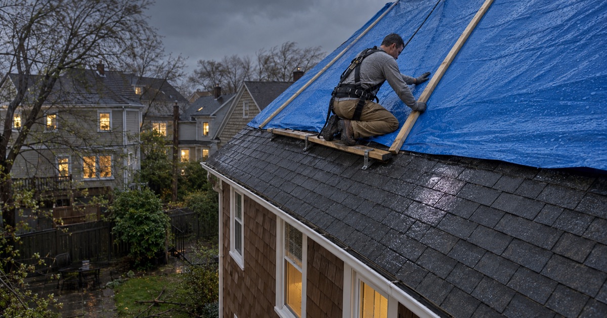 A blue tarp wrapped over the ridge and battened down on a storm-damaged Clifton roof on a wet, windy evening.