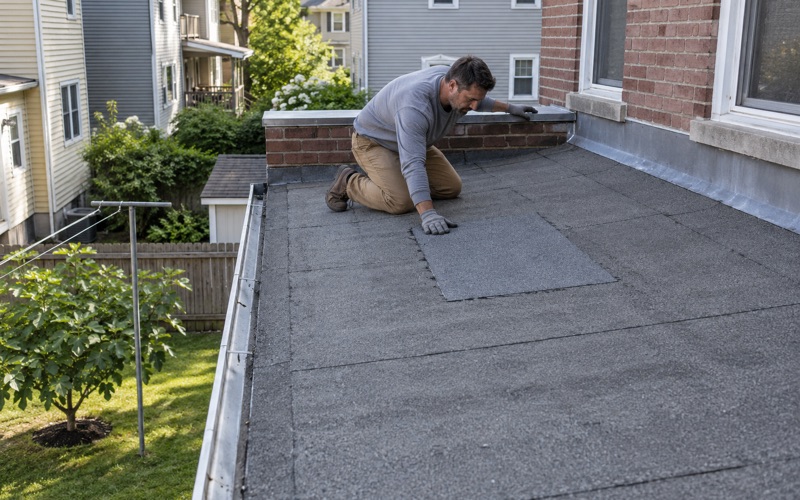 A patch of granulated cap sheet pressed over a split in the modified bitumen roof of a rear kitchen extension on a Clifton two-family.