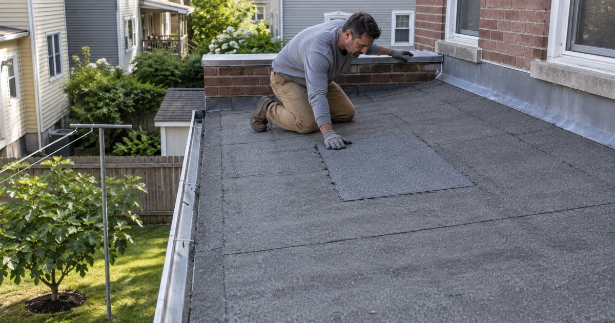 A patch of granulated cap sheet pressed over a split in the modified bitumen roof of a rear kitchen extension on a Clifton two-family.