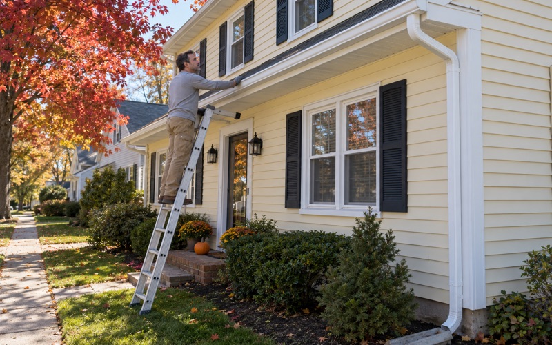 A new white seamless gutter guided into its hangers along the fascia of a Clifton colonial in Delawanna, a downspout running down the corner.