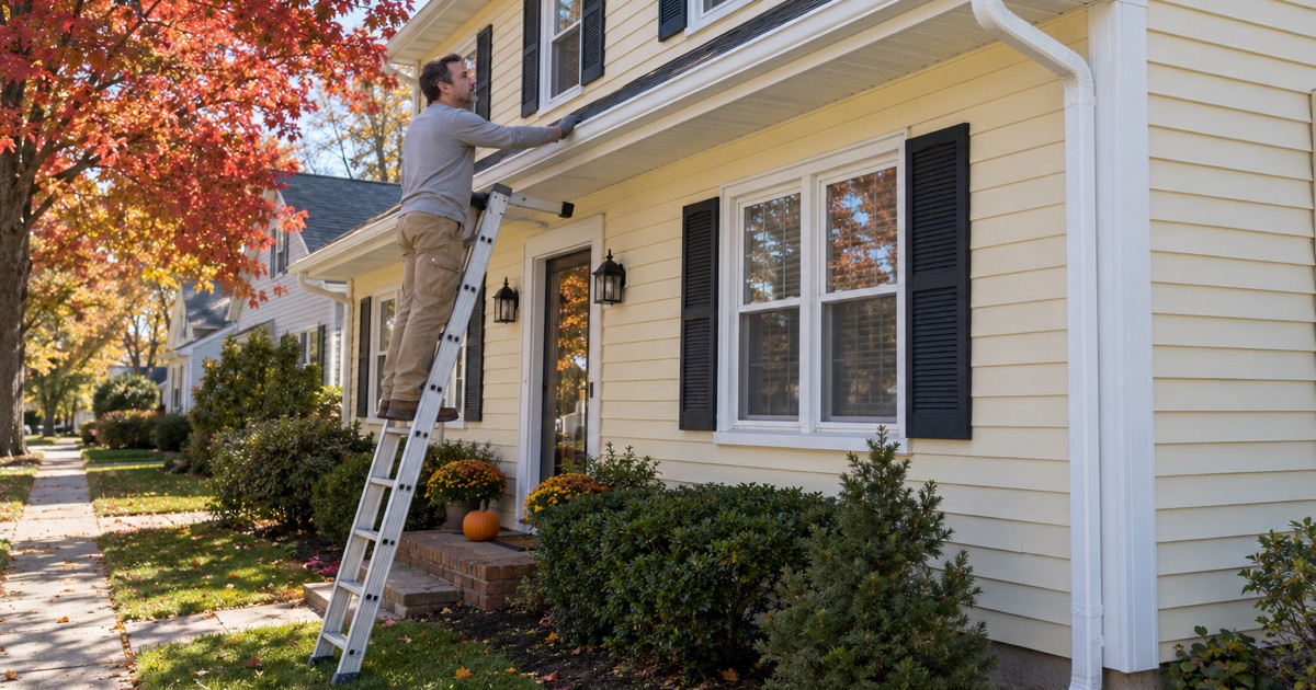 A new white seamless gutter guided into its hangers along the fascia of a Clifton colonial in Delawanna, a downspout running down the corner.