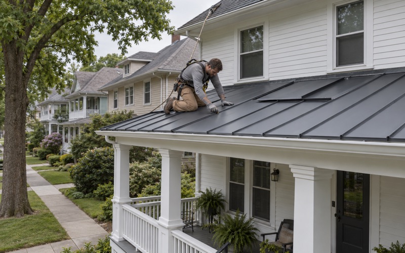 Dark gray standing-seam steel panels going onto the low front porch roof of a 1920s foursquare in Clifton.