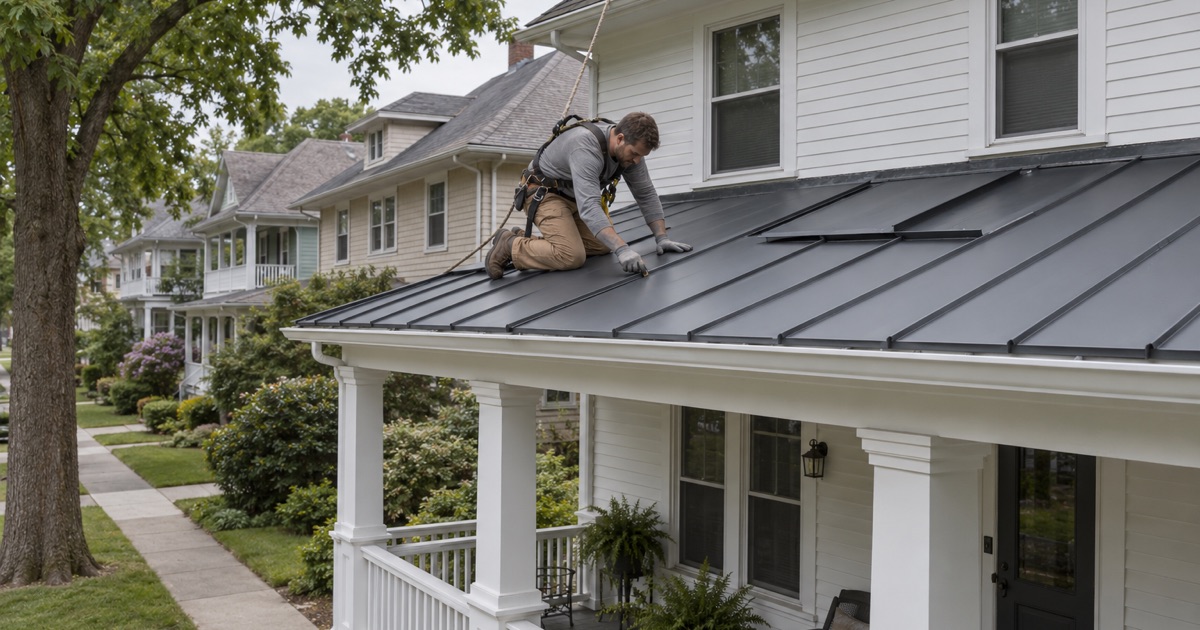 Dark gray standing-seam steel panels going onto the low front porch roof of a 1920s foursquare in Clifton.