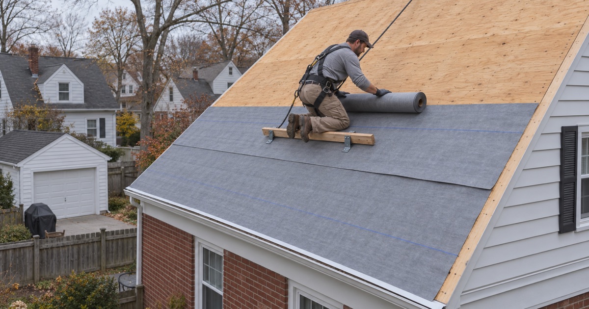 Synthetic underlayment being rolled across a fresh plywood deck above a new drip edge on a Clifton Cape Cod mid replacement.