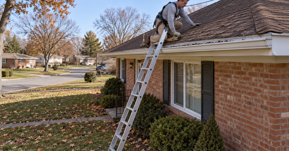 A roofer at eave height on a ladder checking curled, worn shingles on a Clifton brick ranch, loose granules gathered in the gutter.