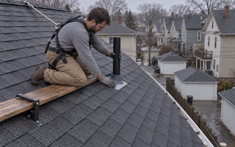 A new pipe boot lapped into the shingles around a vent pipe on the rear slope of a Clifton two-family to stop a leak.