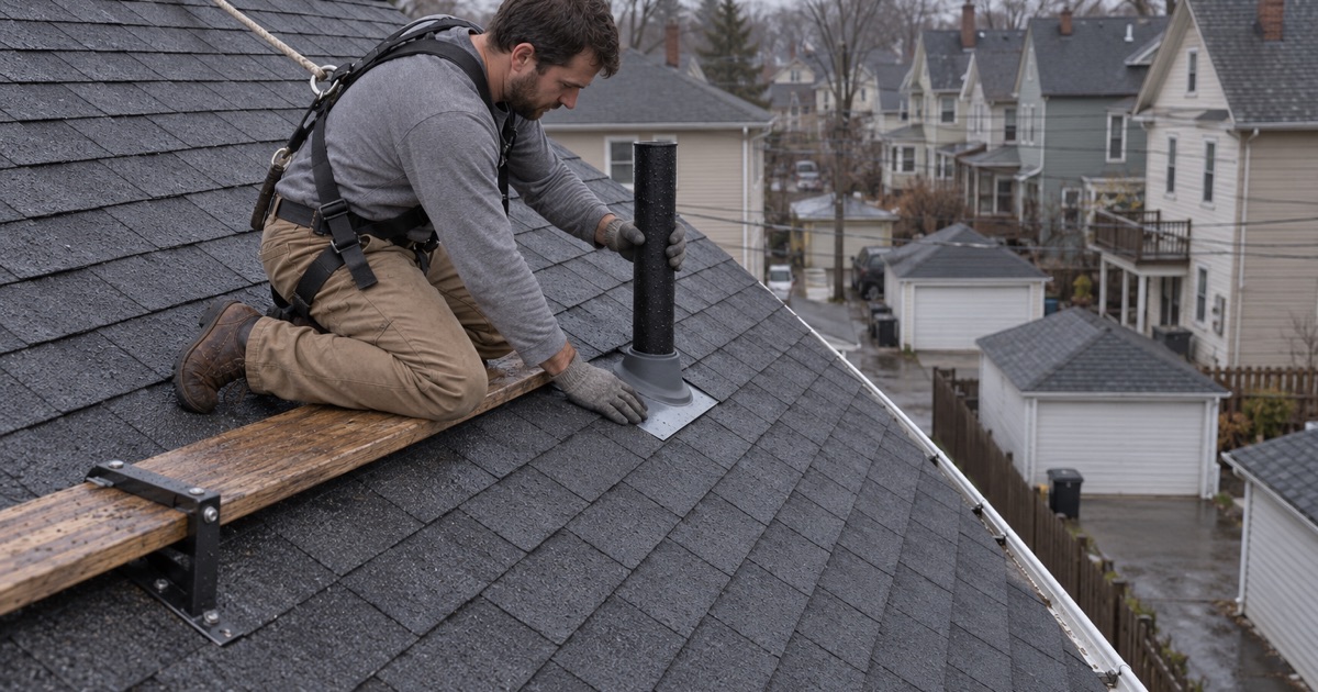 A new pipe boot lapped into the shingles around a vent pipe on the rear slope of a Clifton two-family to stop a leak.