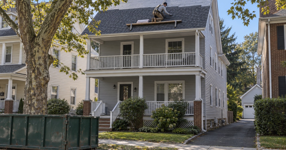 A roofer laying new charcoal shingles on the front slope of a two-and-a-half-story two-family house in Clifton’s Dutch Hill section.