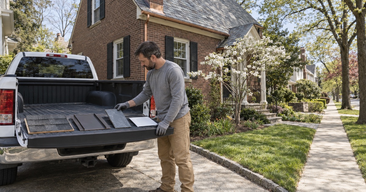 Four roofing samples on a pickup tailgate in a Clifton driveway: an asphalt shingle run, a slate, a standing-seam steel panel and a white membrane.