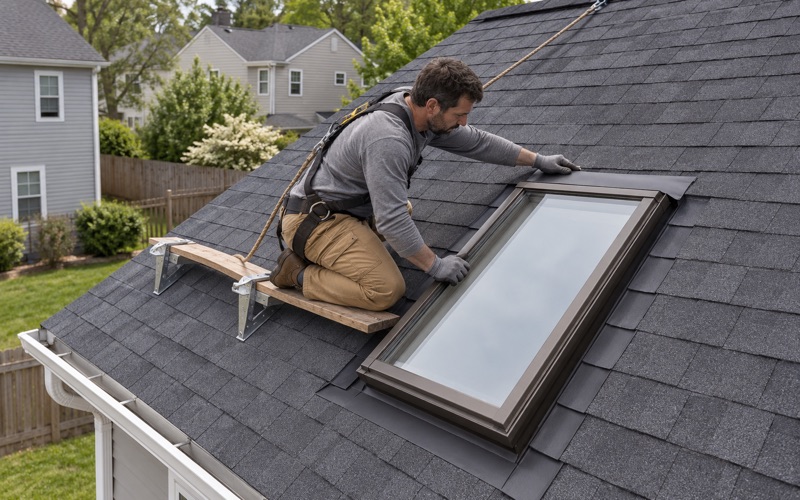 Step flashing woven up the sides of a new skylight on the rear slope of a Clifton colonial, the head flashing going in above.