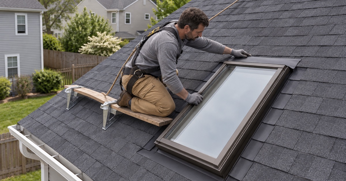 Step flashing woven up the sides of a new skylight on the rear slope of a Clifton colonial, the head flashing going in above.