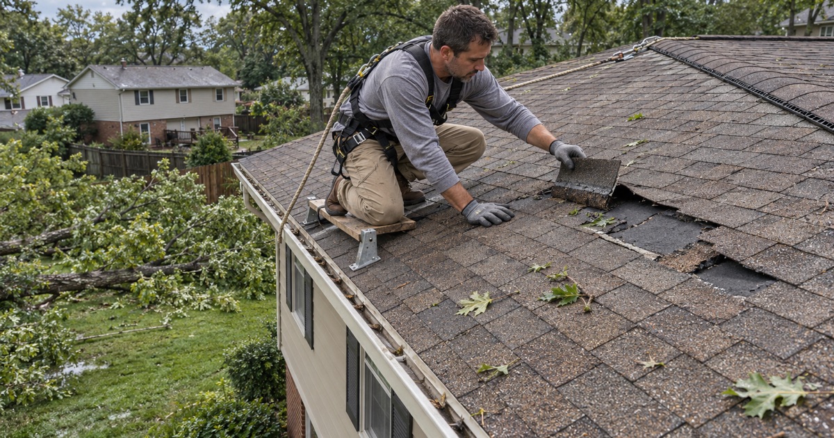 Wind-creased shingle tabs checked on the rear roof of a Clifton split-level the morning after a summer storm, a fallen limb on the lawn below.